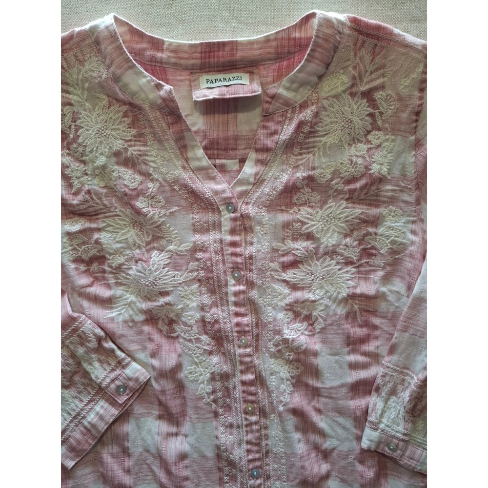 Pink Plaid Embroidered Button Tunic Shirt Cottagecore Coastal Grandma Boho Indie